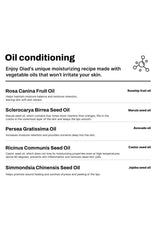 List of vegetable oils used in a moisturizing recipe with their respective benefits on a white background.