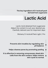 Text about Lactic Acid from sugarcane with product details on a light gray background
