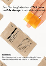 A hand holds a translucent yellow-orange oral dissolving strip over a beige package labeled 'VIVID-ETHER GLUCOSEONE DIRECT 3K'. Text at the top claims faster, stronger absorption than traditional methods, and text at the bottom gives usage instructions.