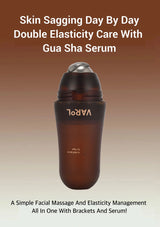 Brown serum bottle with text about skin care on a gradient background