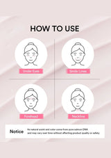 An instructional graphic titled 'HOW TO USE' showing four facial area labels with simple line drawings: Under Eyes, Smile Lines, Forehead, and Neckline. A notice at the bottom mentions salmon DNA scent and color.