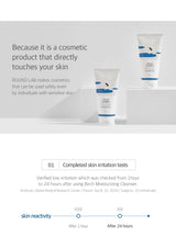 Round Lab skincare products with text about skin irritation tests on a white background