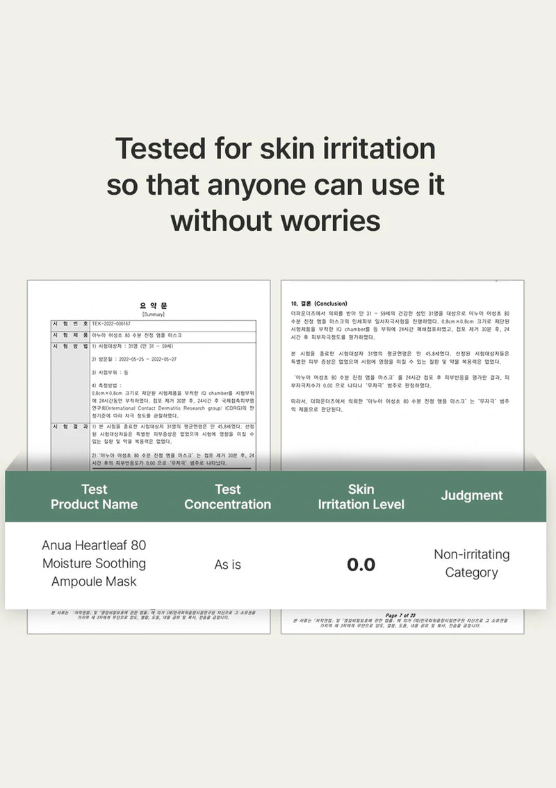 Product testing chart for skin irritation with text 'Tested for skin irritation so that anyone can use it without worries'.