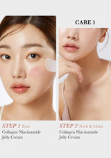Skincare product application on face and neck with text indicating steps and product names.
