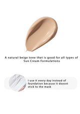 A beige cream makeup swatch on a white background with text reading 'A natural beige tone that is good for all types of Sun Cream Formulations' and a small inset showing a hand applying it.