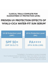 Advertisement for Hyalu-Cica Water-Fit Sun Serum with UV protection levels on a light blue background.