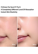 Before and after comparison of skin elasticity with text about product absorption.
