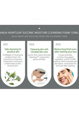 Product packaging for Anua Heartleaf Succinic Moisture Cleansing Foam with text and images of a woman using the product.