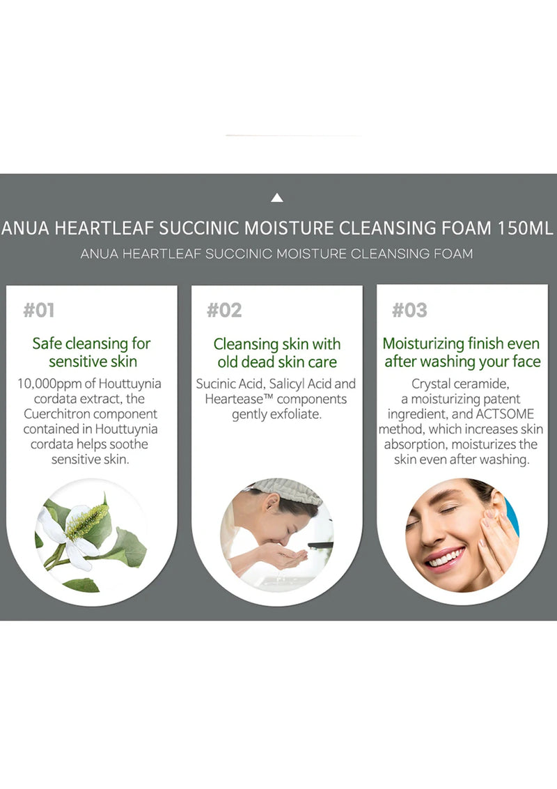 Product packaging for Anua Heartleaf Succinic Moisture Cleansing Foam with text and images of a woman using the product.