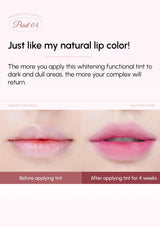 Before and after comparison of lip tint application on a person's lips.