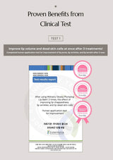 Product packaging with clinical test results and benefits on a light gray background