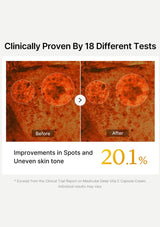 Before and after comparison of skin with improvements in spots and uneven skin tone, clinically proven by 18 tests.