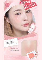 Sheer Rosa makeup product packaging with a model's face and product application.