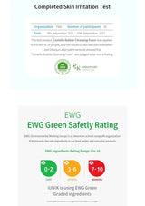 Completed Skin Irritation Test report with Centella Bubble Cleansing Team branding and EWG Green Safety Rating.