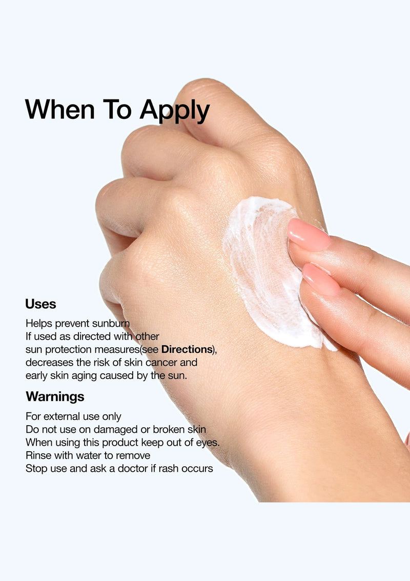 Hand applying sunscreen cream with text on uses and warnings.