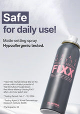 Makeup setting spray with branding and safety information on a white background