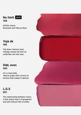Close-up of pink lipsticks with color names and descriptions on a white background