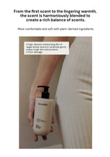 Person holding a skincare product with text about scent blending and plant-derived ingredients.