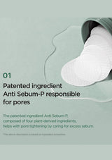 Product packaging with a white cloth and text about Anti Sebum-P ingredient on a light green background