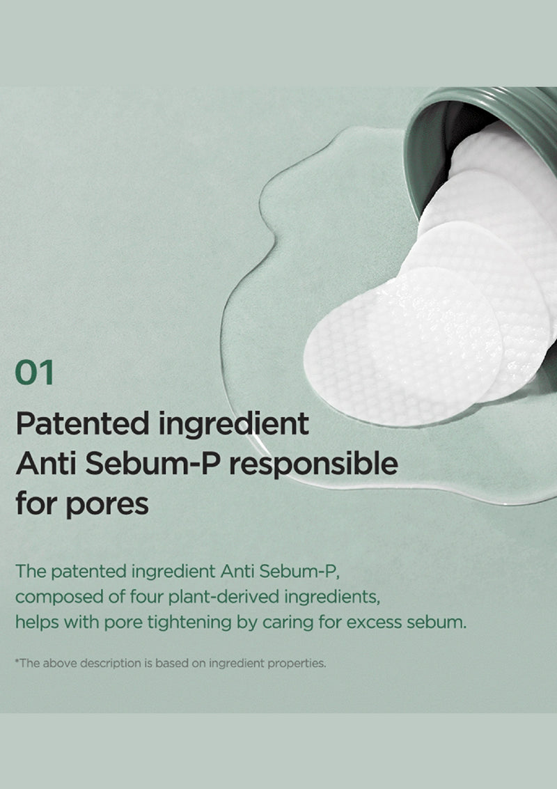 Product packaging with a white cloth and text about Anti Sebum-P ingredient on a light green background