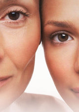 Close-up of two people's faces side by side on a white background