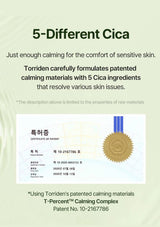 Advertisement for Torriden's 5-Different Cica product with text and a patent certificate on a light green background.