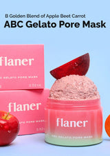 Flaner ABC Gelato Pore Mask with pink packaging and red apple slice on a light blue background