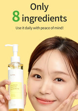 Woman holding a skincare product with text about its ingredients on a yellow background