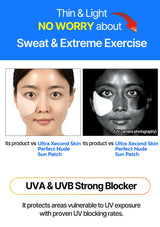 Advertisement for a sun patch product with before and after effects on skin, highlighting UVA and UVB protection.