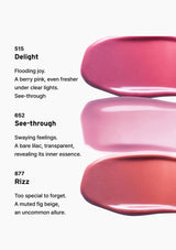 Three shades of pink lip gloss with descriptions on a white background