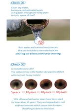 An informational infographic about water contamination from old rusty pipes, with two labeled sections ('Check 01' and 'Check 02'), a photo of water dripping from a rusty pipe, three circular rust close-ups, and explanatory text about hidden pipelines and health risks.