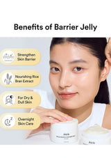 A promotional graphic for Abib Barrier Jelly showing a woman holding a white jar of skincare cream, with text listing benefits: strengthen skin barrier, nourishing rice bran extract, for dry and dull skin, and overnight skin care. Yellow callout bubbles with icons appear along the left side.