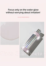 Glass skin essence bottle with text 'Focus only on the water glow without worrying about irritation!' on a light background.