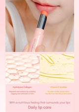 Lipstick being applied with a close-up of skin texture and ingredients on a pink background
