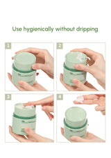 Instructions on how to use a green skincare product with text 'Use hygienically without dripping'.
