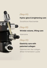 Cosmetic device with labeled steps for skincare treatment on a beige background