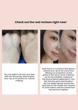 Before and after comparison of face serum application with text overlay on a pink background