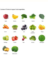 Illustrations of various organic fruits and vegetables on a white background