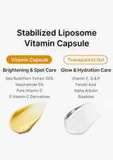 Stabilized liposome vitamin capsule with yellow and clear gel samples on a white background