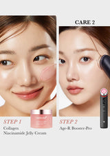 Two women applying skincare products with a jar of Collagen Niacinamide Jelly Cream and an Age-R Booster-Pro device.