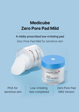 Medicube Zero Pore Pad Mild product on a light blue background with text describing its features.