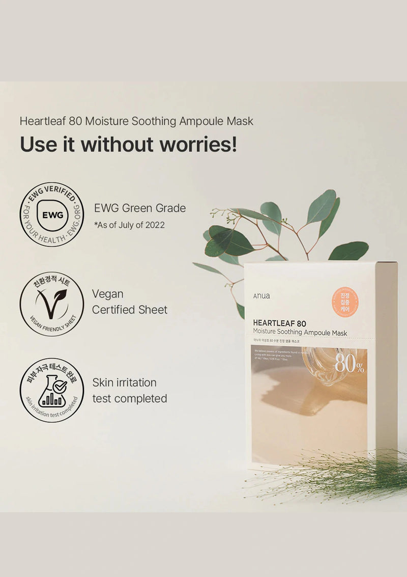 Heartleaf 80 Moisture Soothing Ampoule Mask packaging with certification logos on a light background