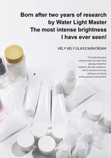 White bottles with gold caps on a white background, featuring text about Vely Vely Glass Skin Cream.