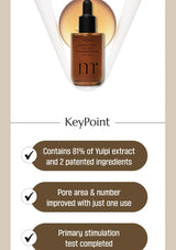 Skincare serum bottle with key points about its ingredients and benefits on a beige background