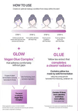 Instructions on how to use a vegan glue complex for makeup application, featuring steps and product details.