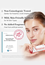 Woman holding a skincare product with text about its benefits on a white background