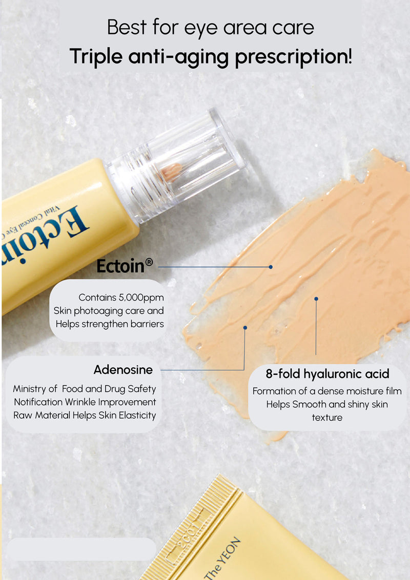 Ecton eye cream with text highlighting anti-aging benefits on a textured background