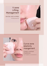 Product packaging for V zone lifting and curve zone elasticity management with close-up of a person using the product.