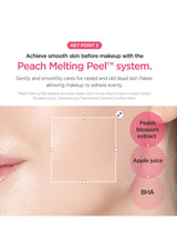 Advertisement for Peach Melting Peel system with close-up of skin and product components.