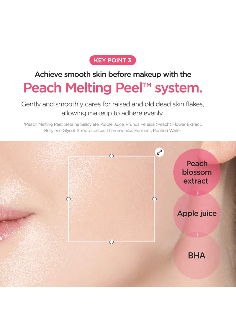 Advertisement for Peach Melting Peel system with close-up of skin and product components.